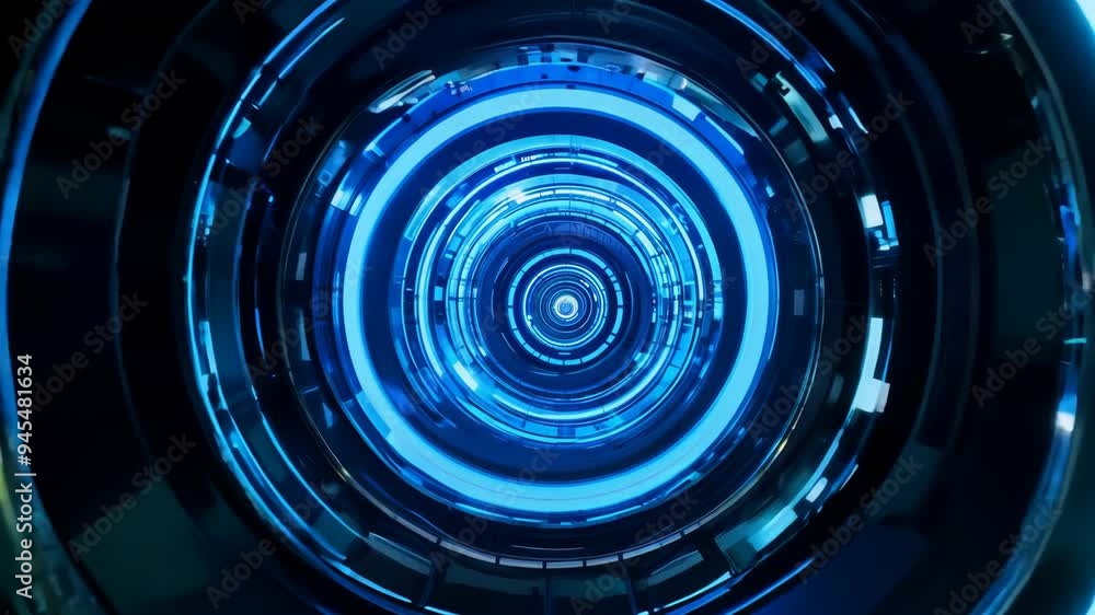 Poster exploring a futuristic tunnel design with glowing circular patterns and advanced technology