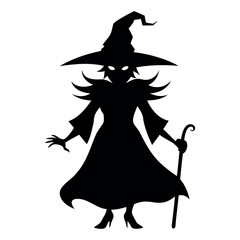 Black silhouette of Halloween witch Vector illustration on white background