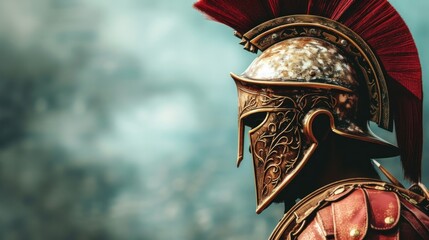 Medieval spartan warrior in helmet standing in front of the gloomy clouds