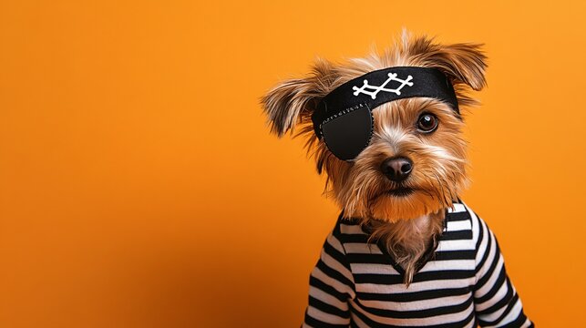 A small dog in a pirate costume, complete with an eye patch and striped shirt, posed against an orange background with room for text