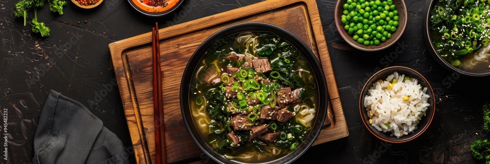 Poster top view of seaweed soup with rice and beef in bowls on a wooden cutting board