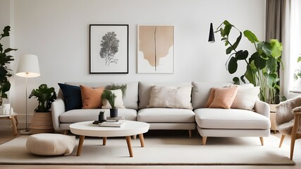 Modern Scandinavian interior design is typified by a sophisticated living area with a plush sofa, furnishings from the mid-century, a warm carpet, white walls, and houseplants. 