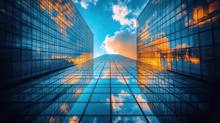 lowangle view of a sleek futuristic skyscraper with a twisting glass facade reflecting clouds and neighboring buildings reaching towards a vivid blue sky