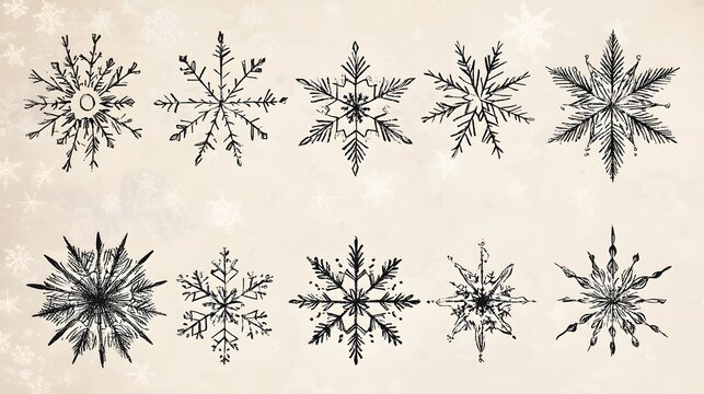 Hand-drawn snowflake vector illustrations with a Christmas theme and delicate designs