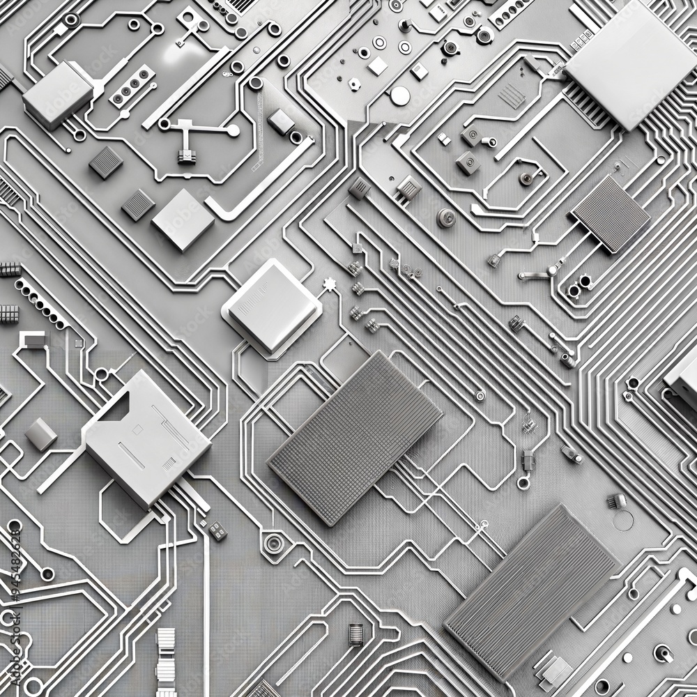 Poster close-up of circuit board with microchips and electronic components - futuristic technology backgrou