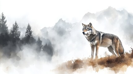Wolf Standing on Mountain Peak with Foggy Landscape