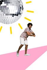 Creative abstract template collage of funny man dancing gave fun enjoy discotheque discoball weird...