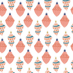 Happy Holidays pattern. Xmas seamless background with christmas decoration and festive elements, toys, baubles.