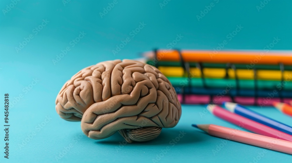 Poster a brain is sitting on a table next to a bunch of colored pencils