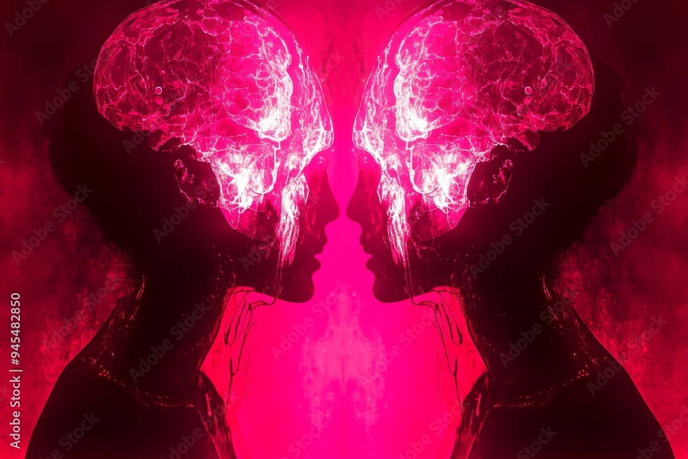 Poster dual neon pink brains facing each other symbolizing cognitive synchronization emotional interaction 