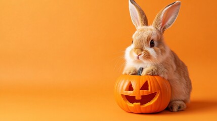 A fluffy bunny dressed as a pumpkin, sitting beside a carved jack-o'-lantern on an orange background with copy space
