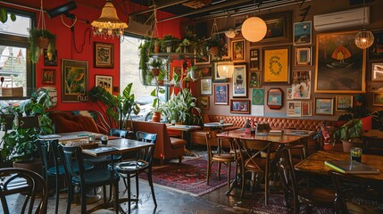 Illustration of A trendy café embracing cluttercore vibes, with tables covered in vintage books, eclectic tableware, hanging plants, and colorful art on the walls. Ai Generate.