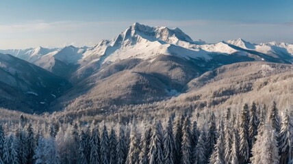 High mountain covered in snow, panoramic winter forest view