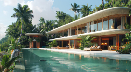 Sustainable wellness retreat in a tropical paradise, with eco-friendly villas, pristine beaches, and wellness workshops. Generative AI.