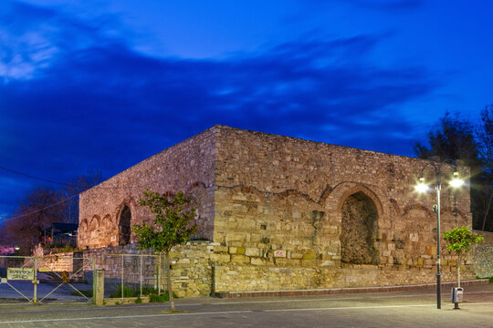 Blue hour at the park outside the castle of Larissa town, in Thessaly region, Greece, Europe.