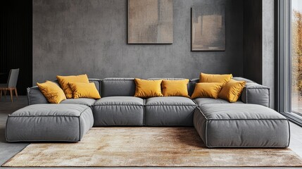 Modern Living Room Interior With Large Gray Modular Sofa And Yellow Pillows, 3d Rendering.