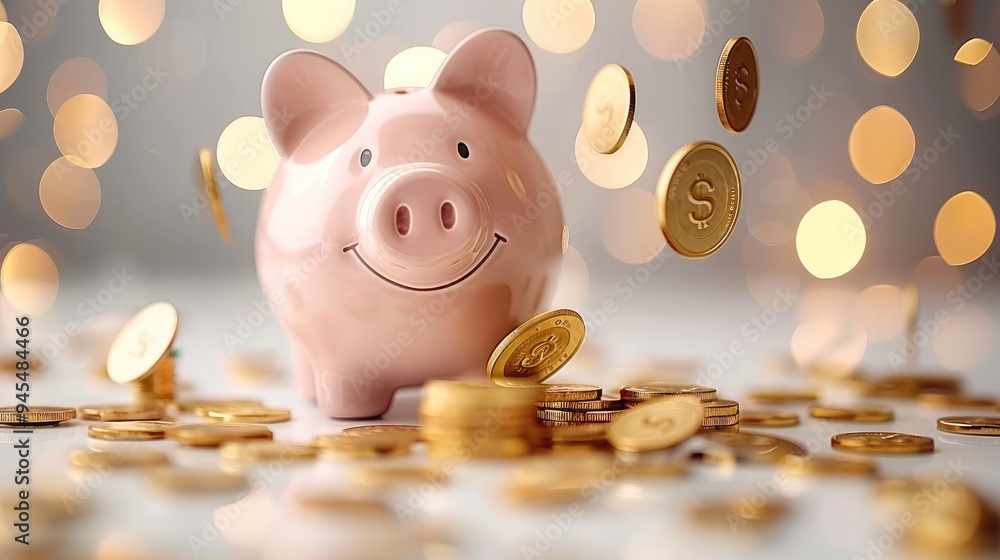 Poster pink piggy bank with coins falling in and a stack of golden money on a white background. generative 