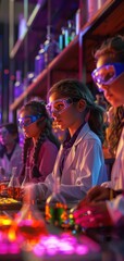 Children conducting experiments in a science lab. Wearing lab coats and safety goggles, they engage in hands-on learning with colorful liquids.
