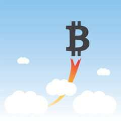 Bitcoin Sign Taking Off - Bit Coin's Rate Is Rising High Up in the Sky, Economy and Crypto Business Keeps Growing - Cryptocurrency Trading Concept Design