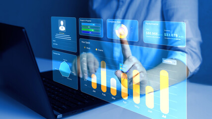 Advisor using Employee/KPI Dashboard on virtual screen.Empoyee profile dashboard and hr. HR...