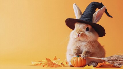 A fluffy bunny in a witch costume, with a tiny hat and broomstick, sitting on an orange background with Halloween props and ample room for text
