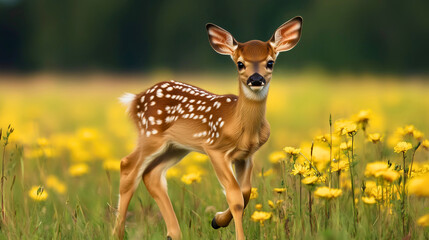 Fototapeta premium Small cute fawn bambi or baby deer in a flower-filled field or meadow with during the spring or summer season a doe in the wilderness, beautiful landscape with a wild animal from the forest, wildlife.