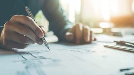 Architect Drawing House Plans on Paper with Pen