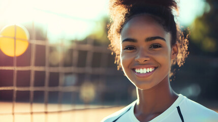 Happy African American young woman, beautiful girl, a cheerful female volleyball player and sports athlete, with a smiling, joyful expression, standing outside in sunny summer weather, sportswoman
