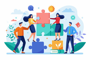 Team building, team collaboration for business idea, teamwork to solve problem, strategy plan to work together for success concept, businessmen and businesswomen team up to solve lightbulb jigsaw.
