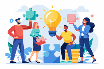 Team building, team collaboration for business idea, teamwork to solve problem, strategy plan to work together for success concept, businessmen and businesswomen team up to solve lightbulb jigsaw.
