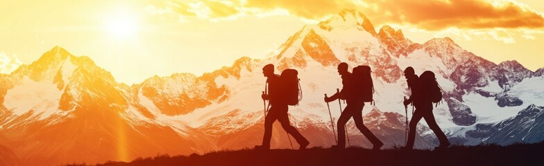 hikers in front of snow-capped mountains, vector graphics, sunset lighting, white background, clip art style