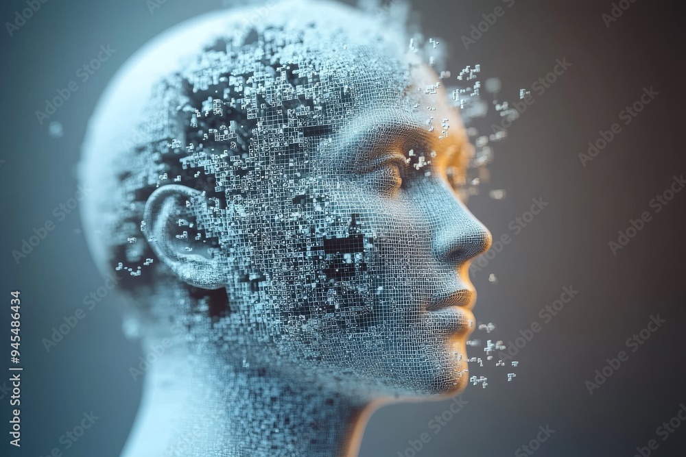 Poster profile of a woman with fragmenting face symbolizing cognitive disintegration emotional strain and t