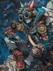 Obraz premium Illustration of A trendy character with a steampunk aesthetic, wearing oversized goggles and eccentric, patchwork clothing, surrounded by intricate mechanical gadgets and gears. Ai Generate.