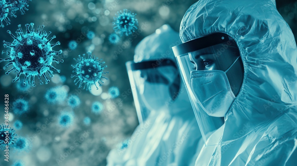 Poster medical professionals in protective gear observe viruses through a microscope, emphasizing the effor