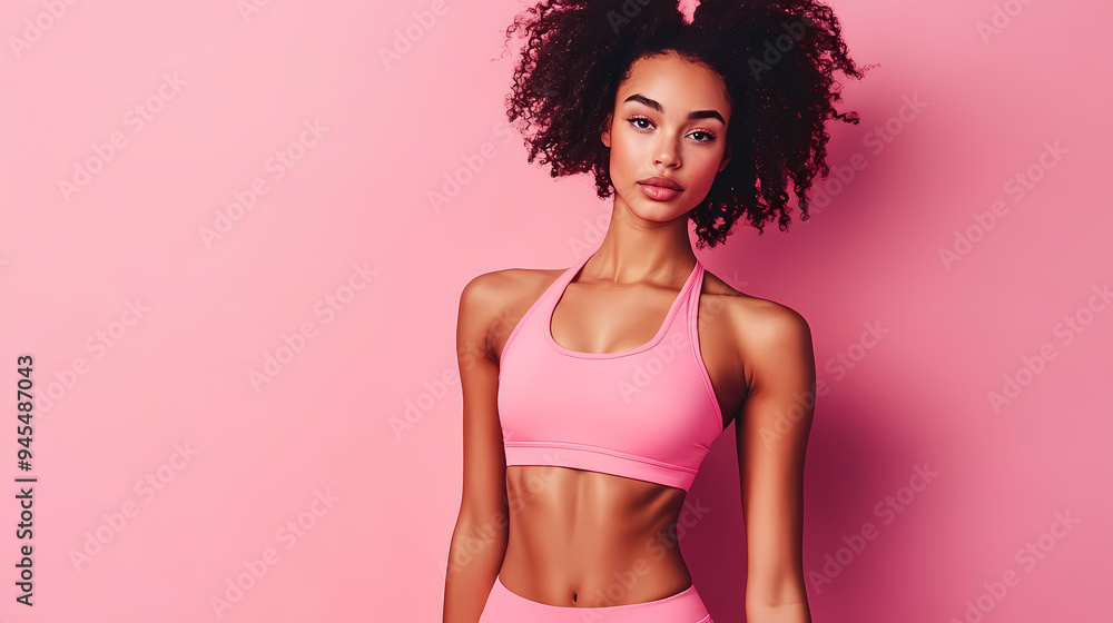 Wall mural woman in pink activewear posing against pink background