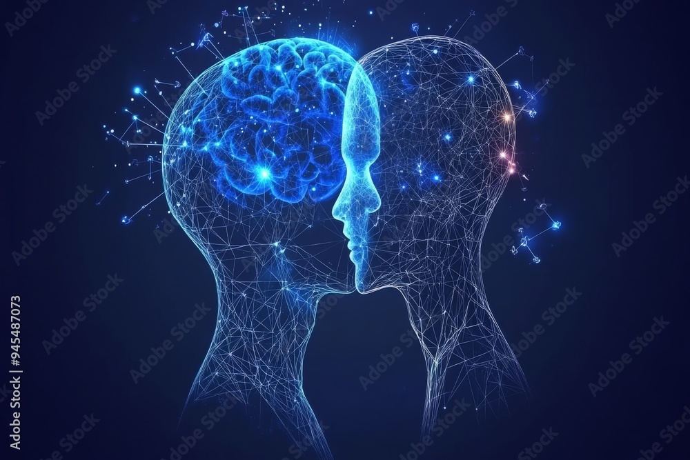 Poster abstract dual brain illustration with glowing lines symbolizing cognitive synchronization emotional 