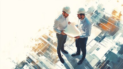 Architects reviewing blueprints on construction site