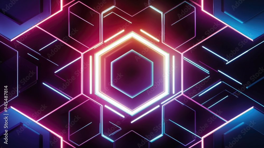 Poster vibrant abstract 3d geometric background featuring hexagonal patterns and neon glow effects