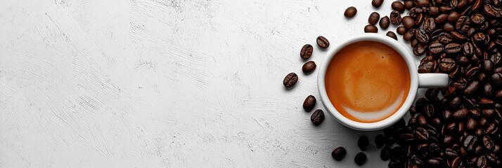 Coffee cup and coffee beans on black and white background. Top view with copy space