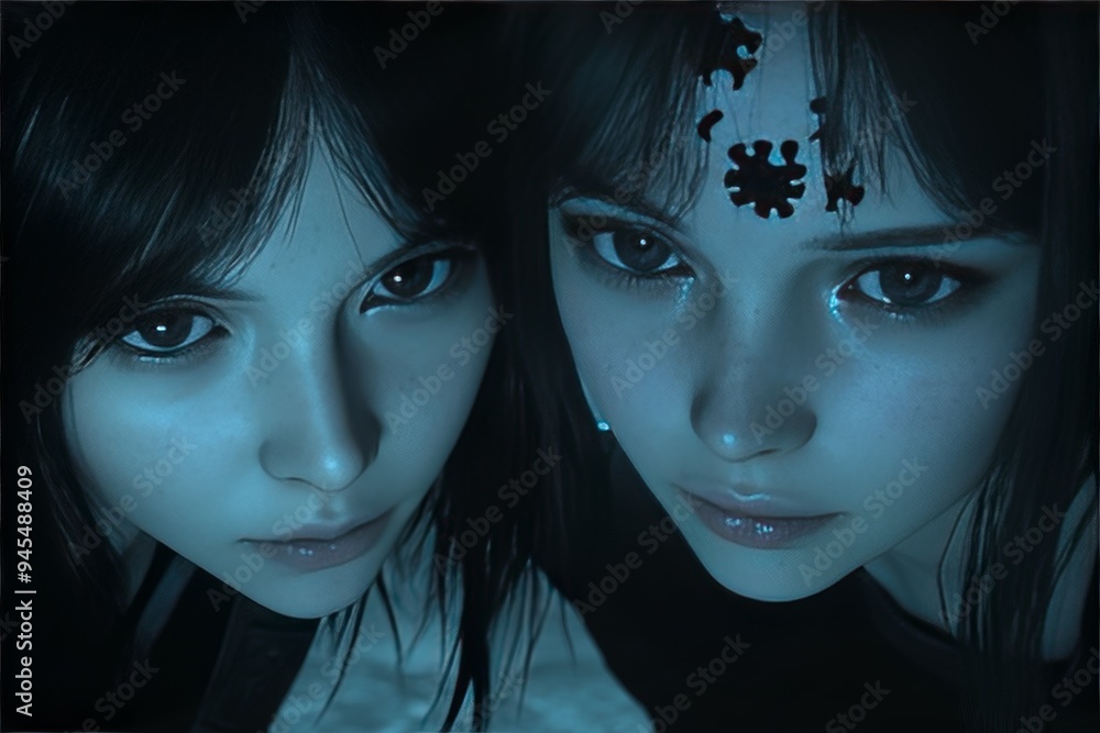 Poster abstract portrait of two women with puzzle elements symbolizing cognitive fragmentation emotional di