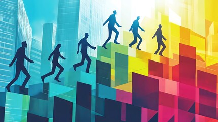 People ascending colorful bar graphs in a modern cityscape during daytime