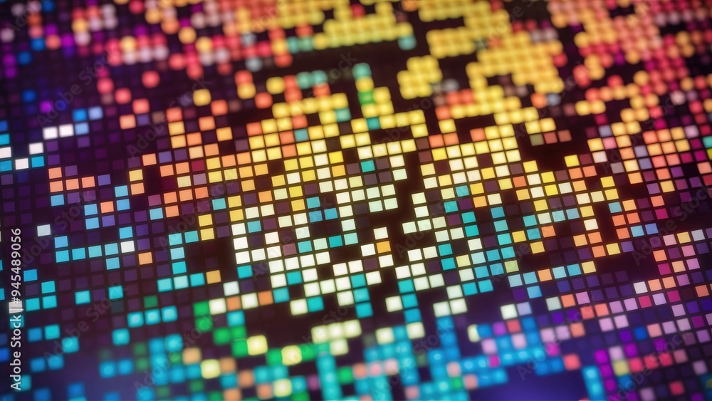 Poster vibrant mosaic background for technology theme. abstract multicolored led squares. digital pixel gri