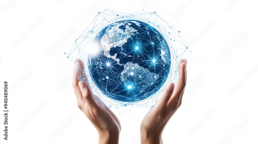 Aufkleber global network connection in hands.