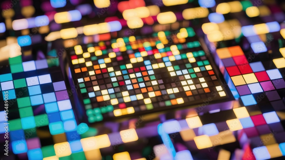 Poster vibrant mosaic background for technology theme. abstract multicolored led squares. digital pixel gri