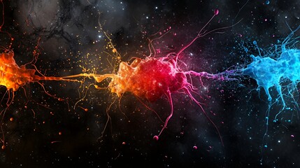 Abstract depiction of colorful energy bursts in a cosmic background.