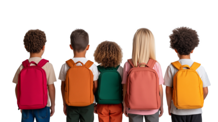 rear view Portrait of multiethnic group of boys and girls wearing backpacks isolated against white or transparent background
