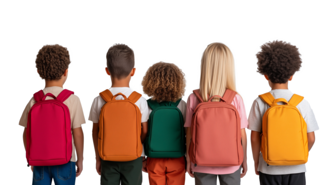 rear view Portrait of multiethnic group of boys and girls wearing backpacks isolated against white or transparent background