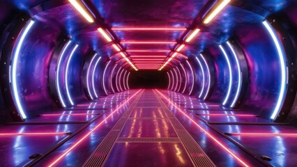 Vibrant Neon Sci-Fi Garage with Laser Lights and Grunge Elements - 3D Rendered Commercial Backdrop Featuring Glossy Metal Podium and Tunnel Corridor