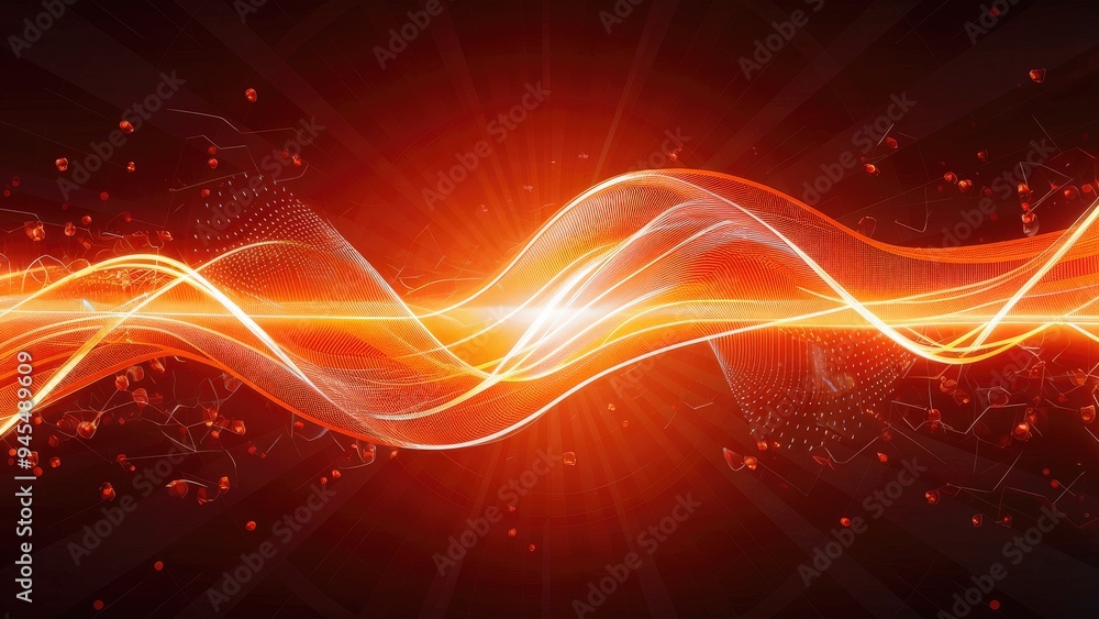Poster vibrant orange energy waves with light rays and dynamic particles. abstract digital background.