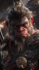 Sun Wukong, the Monkey King, wearing golden armor and sporting spiky hair, rendered in realistic CGI, standing against a dark background with detailed textures and lifelike features.